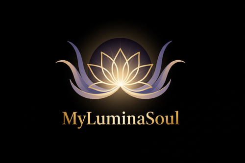 A luxurious and spiritual logo for "MyLuminaSoul", an emotional wellness brand selling e-books for personal growth and inner transformation. The design features a glowing lotus flower with soft golden light rays emanating from the center, symbolizing inner light and enlightenment. Subtle aura and energy waves in soft indigo, gold, and lavender colors. Elegant, modern, minimalist typography with "MyLuminaSoul" in a sophisticated serif font. High-end, premium feel, transparent background, perfect for website 